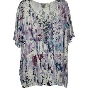Catherines Women's Size 3X Purple Blue Floral Short Sleeve Top Ladies Shirt